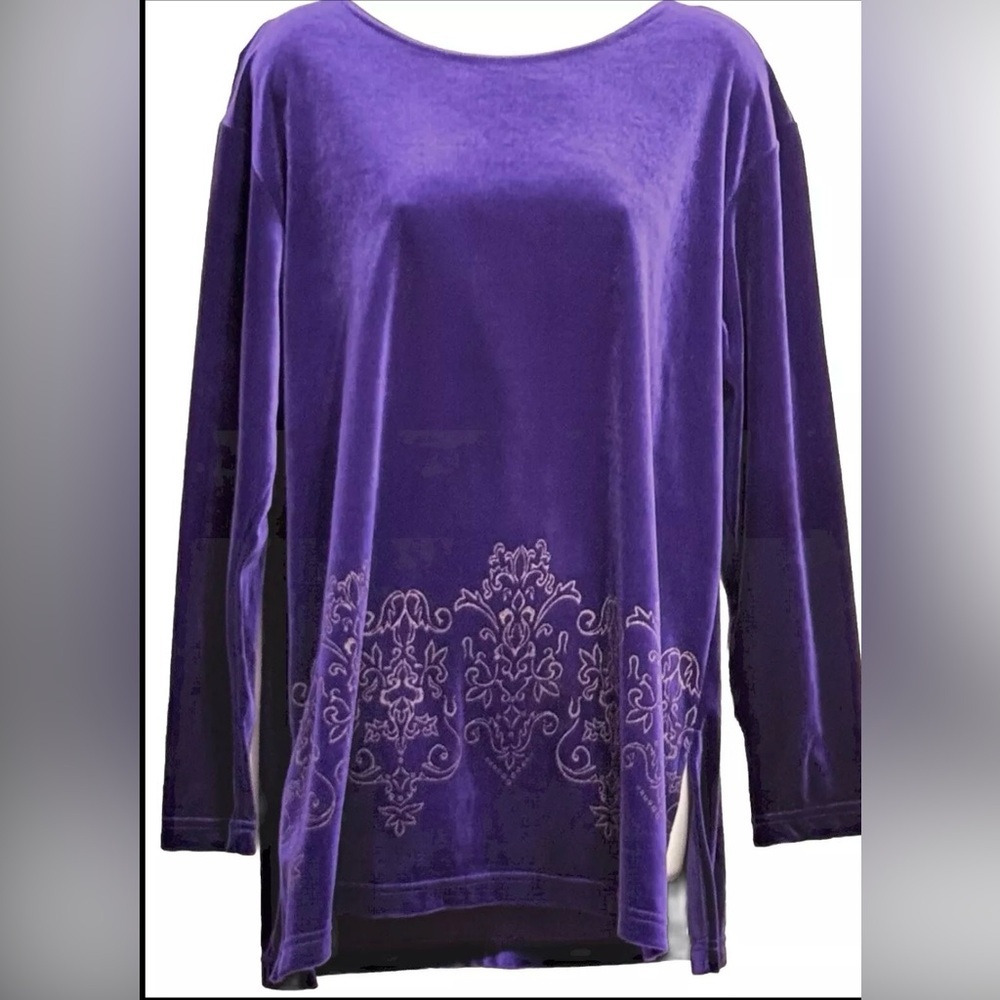 Vintage DVF Diane Von Furstenberg Velour Velvet Tunic Top Blouse L Purple Gold